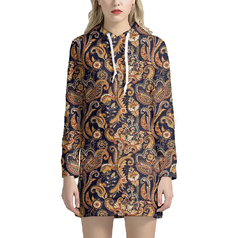 Gold And Blue Paisley Pattern Print Pullover Hoodie Dress