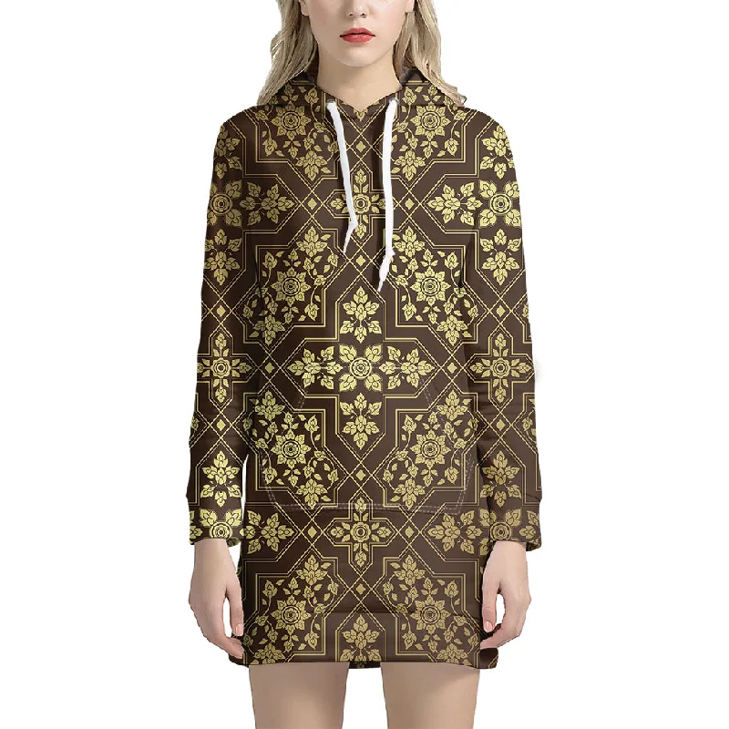 Gold And Brown Thai Pattern Print Pullover Hoodie Dress