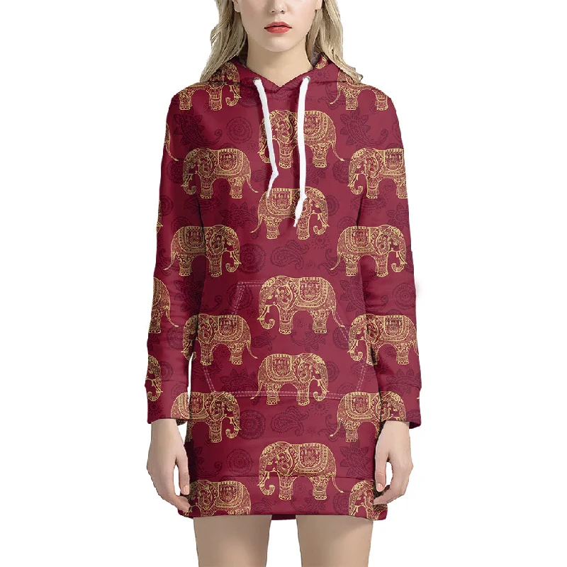 Gold And Red Boho Elephant Print Pullover Hoodie Dress