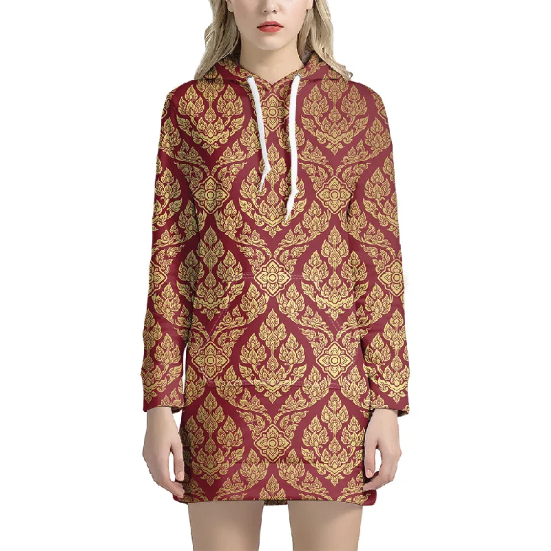 Gold And Red Thai Pattern Print Pullover Hoodie Dress