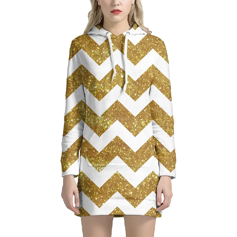 Gold And White Chevron Pattern Print Pullover Hoodie Dress