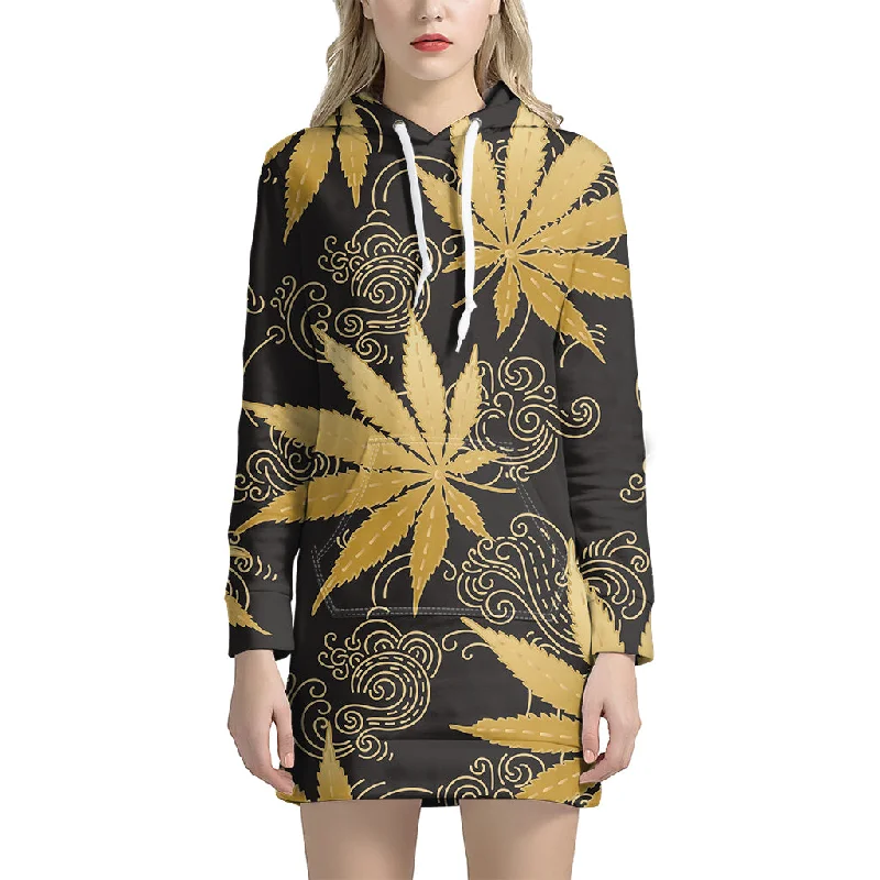 Gold Cannabis Leaf Pattern Print Pullover Hoodie Dress