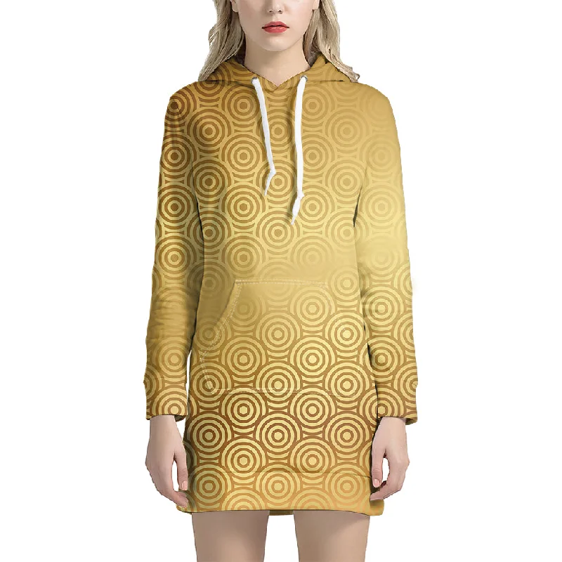 Gold Chinese Pattern Print Pullover Hoodie Dress