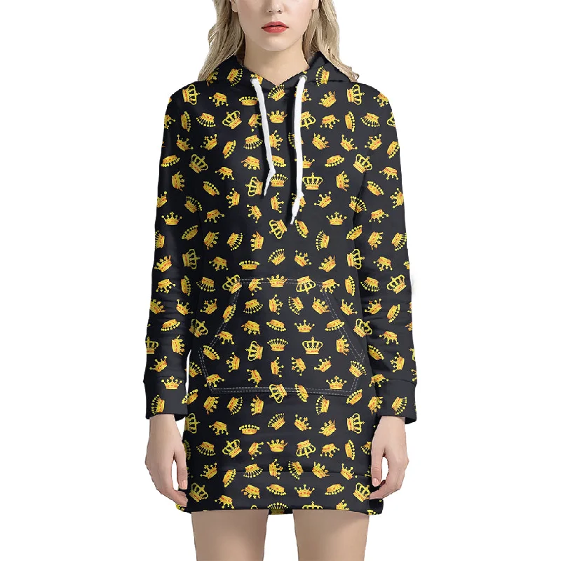 Gold Crown Pattern Print Pullover Hoodie Dress