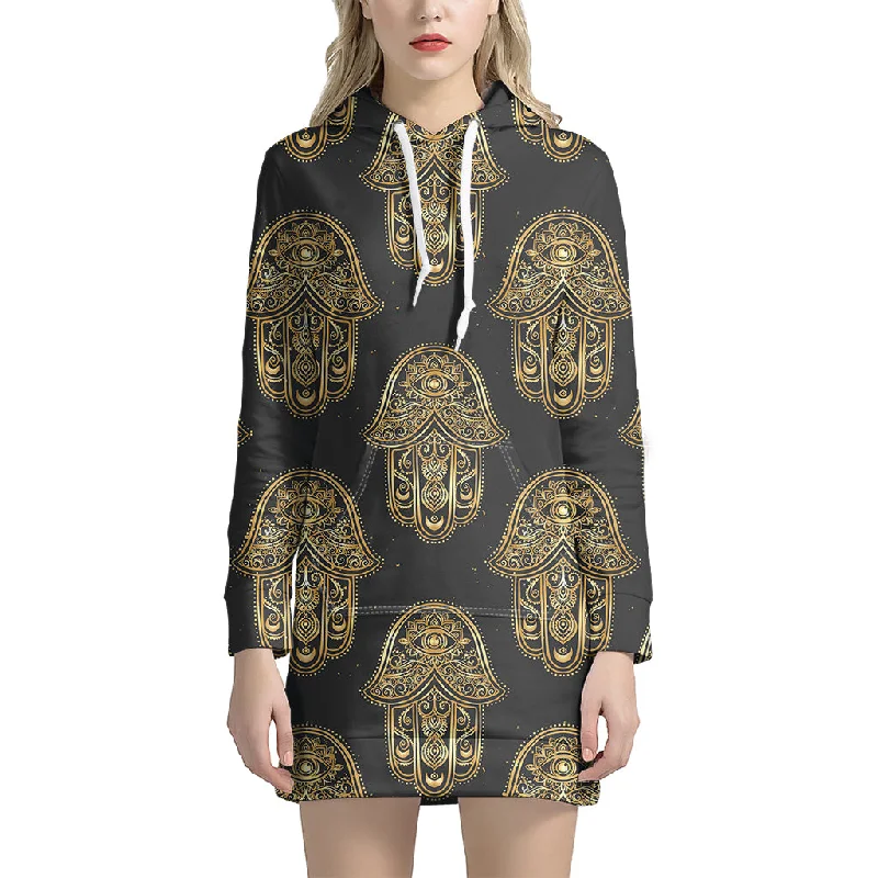 Gold Hamsa Pattern Print Pullover Hoodie Dress