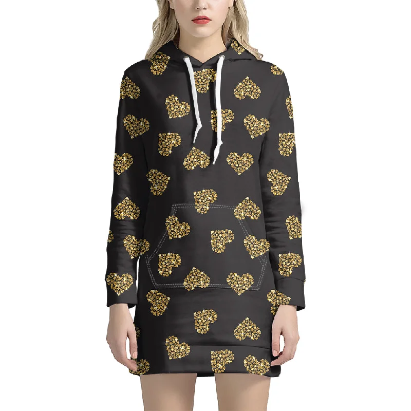 Gold Heart (NOT Real) Glitter Print Pullover Hoodie Dress