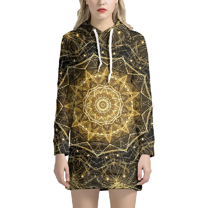 Gold Kaleidoscope Print Pullover Hoodie Dress