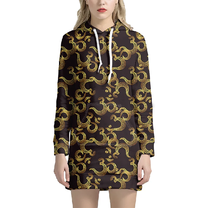 Gold Om Symbol Pattern Print Pullover Hoodie Dress