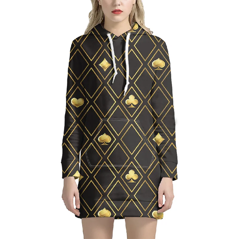 Gold Playing Card Suits Pattern Print Pullover Hoodie Dress
