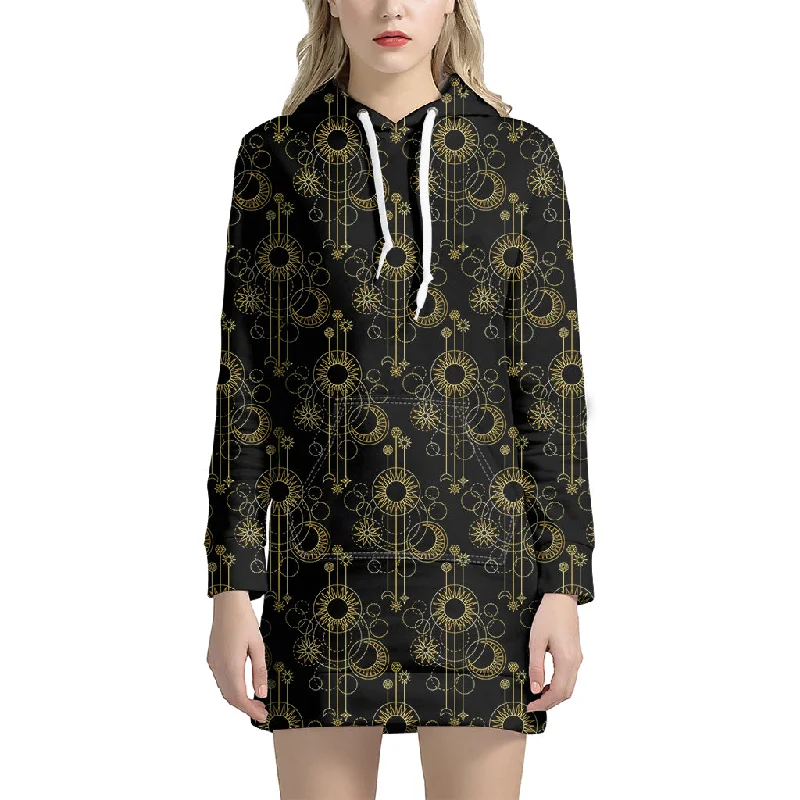 Gold Sun And Moon Pattern Print Pullover Hoodie Dress