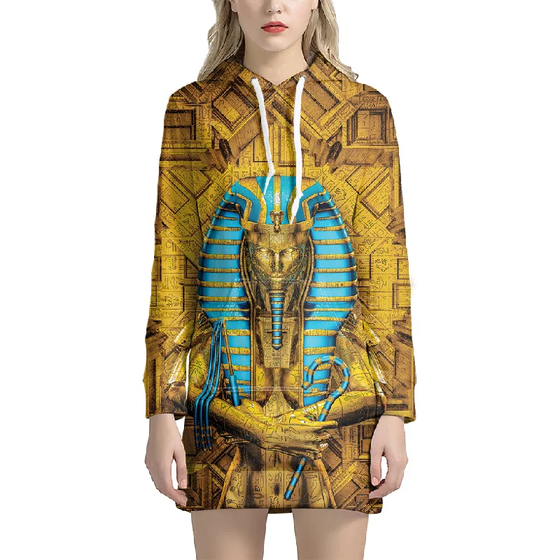 Golden Egyptian Pharaoh Print Pullover Hoodie Dress