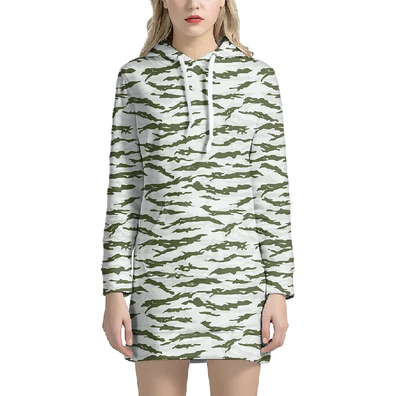 Green And White Tiger Stripe Camo Print Pullover Hoodie Dress