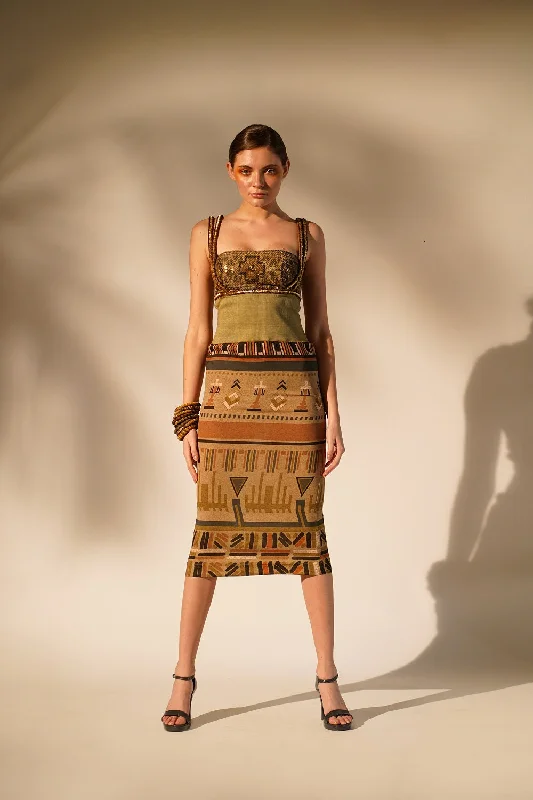 Green Aztec Print Rib Dress With Hand Thread And Wooden Embellishment