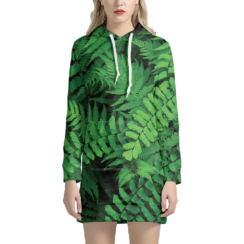 Green Fern Leaf Print Pullover Hoodie Dress