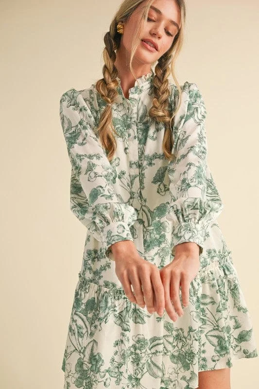 Green Holiday Sketch Print Dress