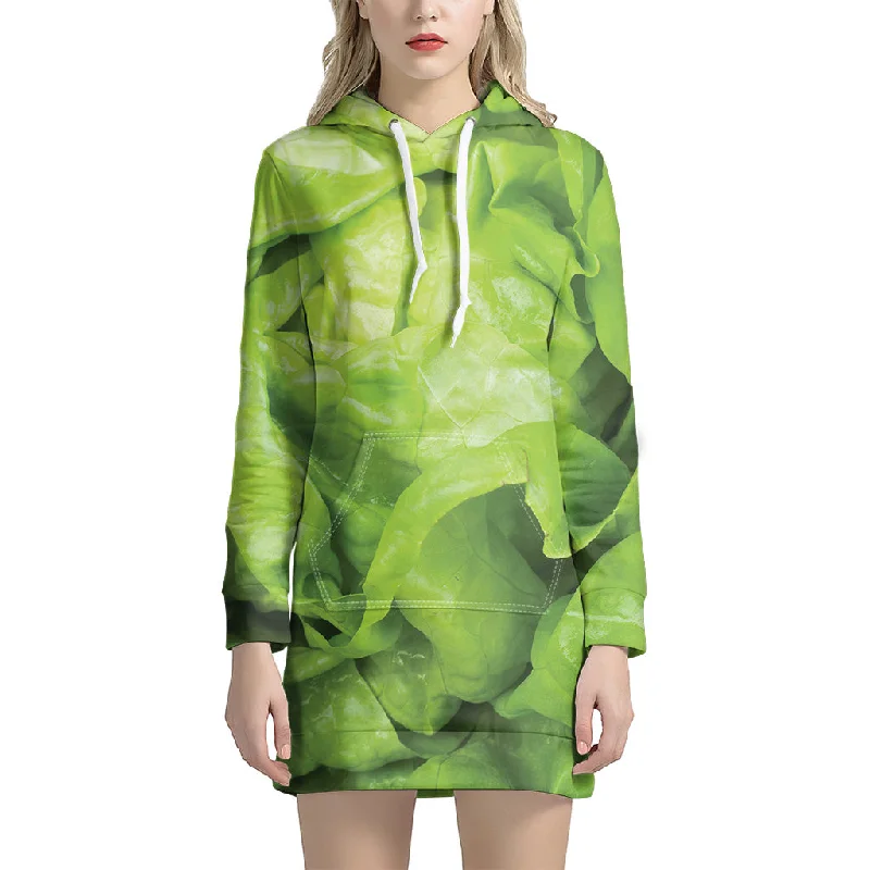 Green Lettuce Leaves Print Pullover Hoodie Dress