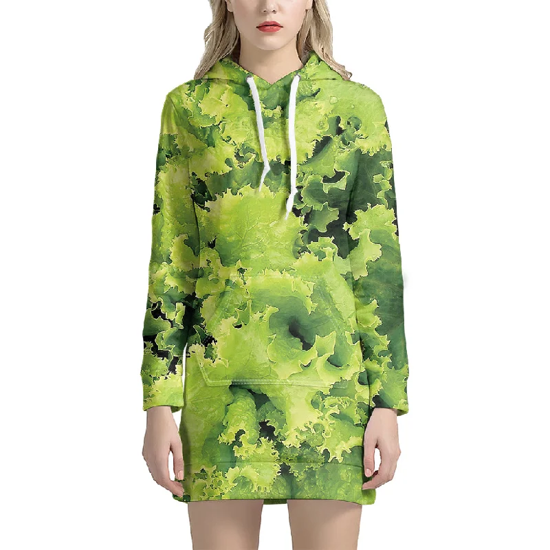 Green Lettuce Salad Print Pullover Hoodie Dress