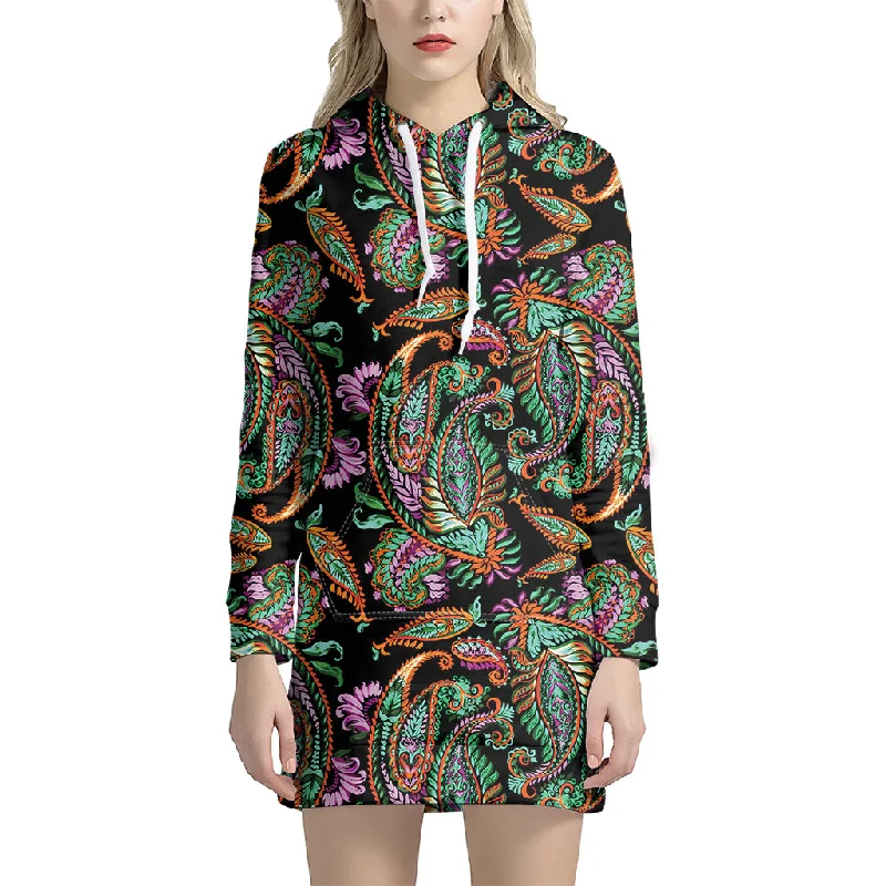 Green Orange And Pink Paisley Print Pullover Hoodie Dress