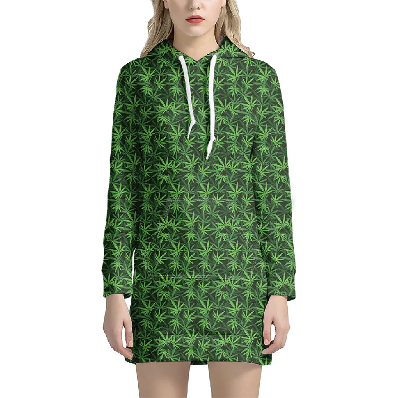 Green Pot Leaf Pattern Print Pullover Hoodie Dress