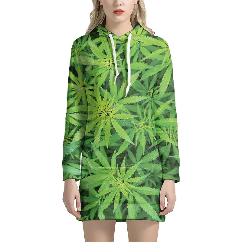 Green Pot Leaf Print Pullover Hoodie Dress
