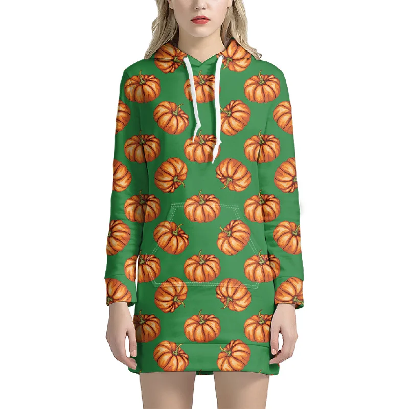 Green Pumpkin Pattern Print Pullover Hoodie Dress