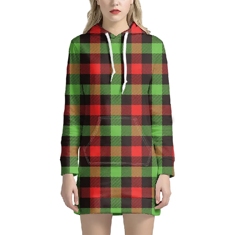 Green Red And Black Buffalo Plaid Print Pullover Hoodie Dress