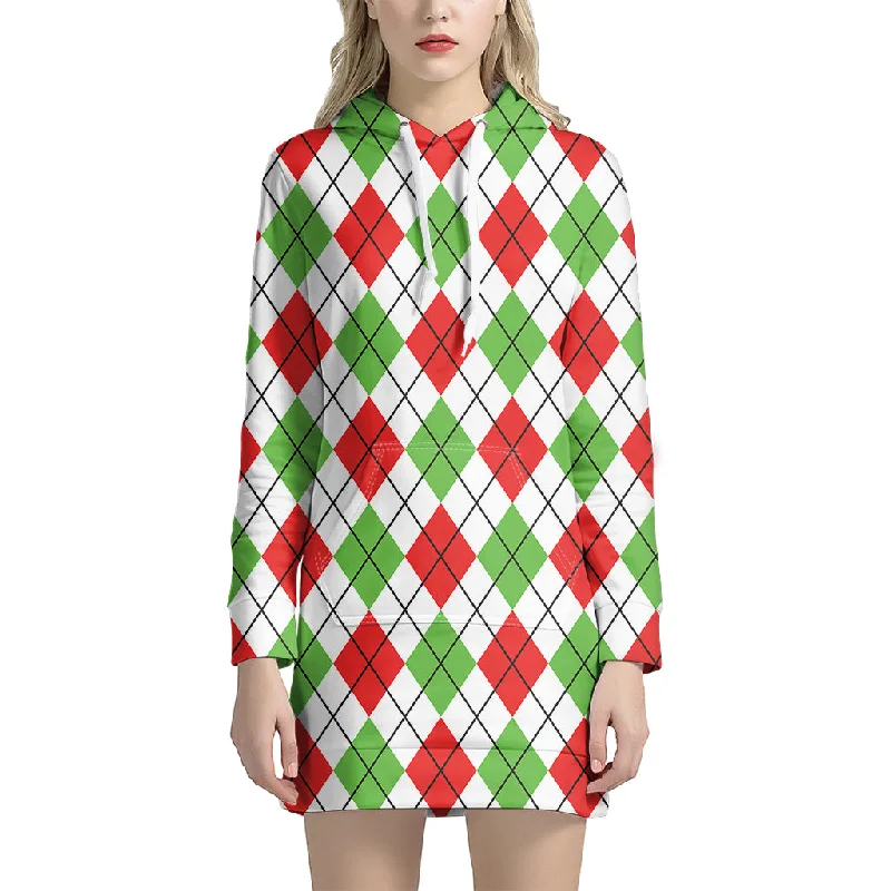 Green Red And White Argyle Pattern Print Pullover Hoodie Dress