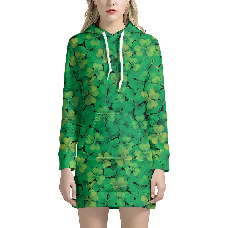Green Shamrock Leaf Pattern Print Pullover Hoodie Dress