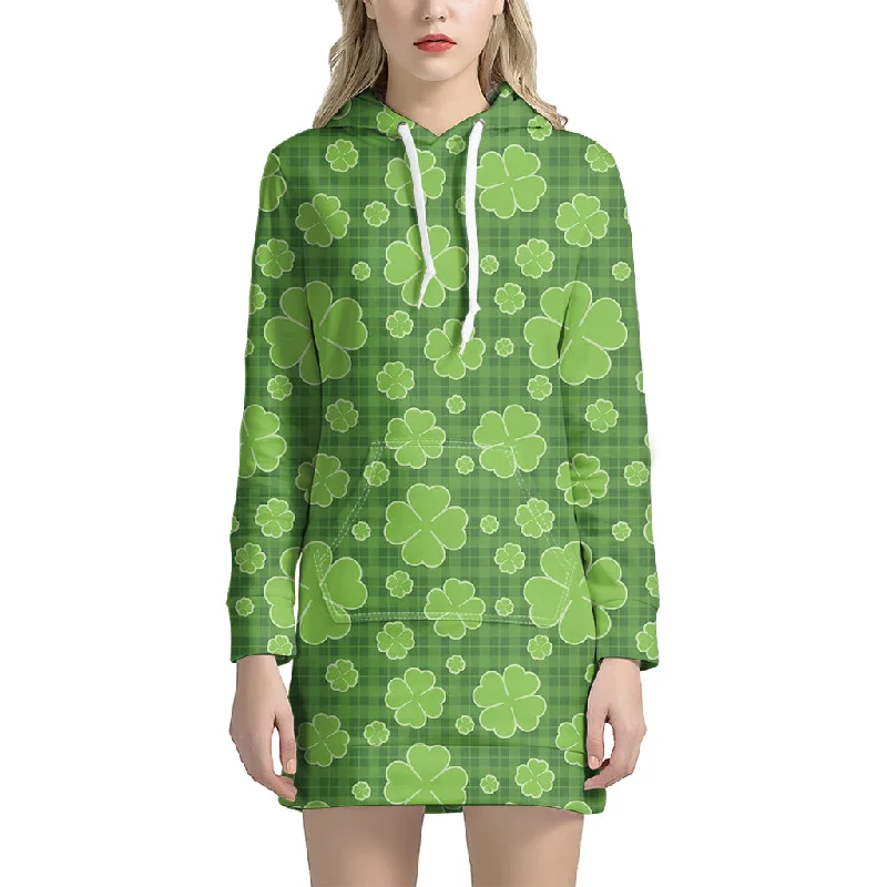 Green Shamrock Plaid Pattern Print Pullover Hoodie Dress