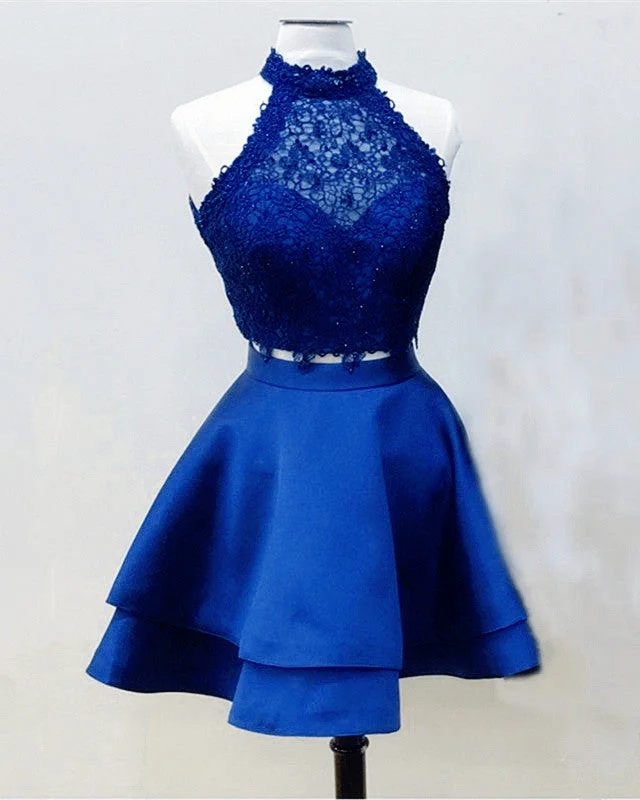 Halter Lace Crop Top Satin Homecoming Dresses Short Prom Dress Two Piece