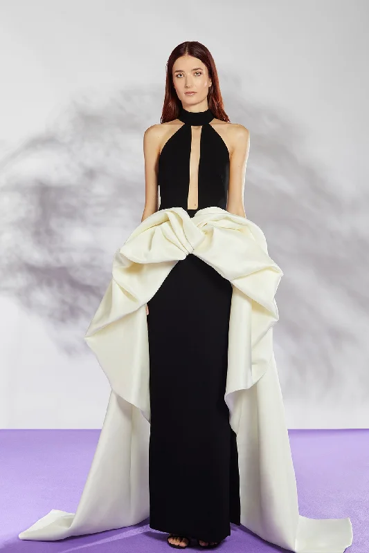 Column silhouette dress with voluminous overskirt