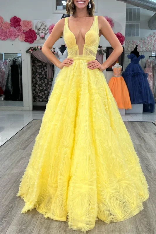 Joeli | Yellow A-line Plunging V Neck Lace-Up Ruffles Long Prom Dress