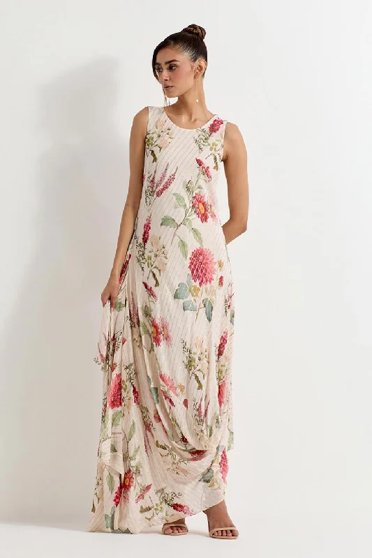 Daisy Printed Lurex Georgette Drape Dress