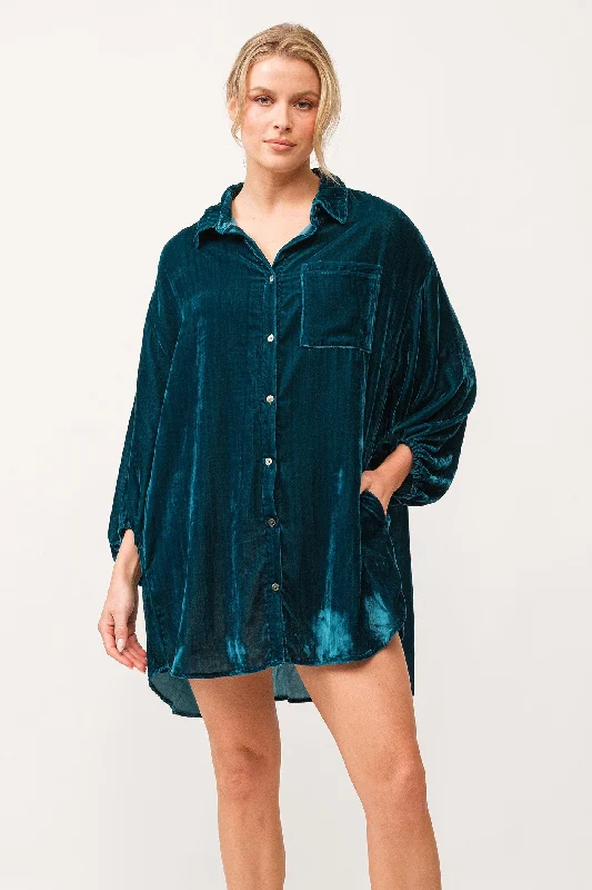 LEIGH COLLARED BUTTON DOWN 3/4 SLEEVE DRESS DEEP TEAL