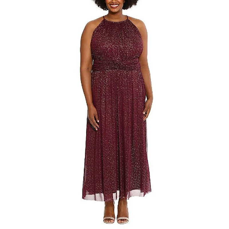 London Times Womens Plus Glitter Halter Neck Evening Dress
