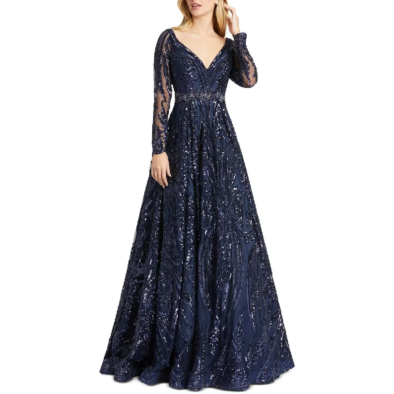 Mac Duggal Womens Sequined Mesh Evening Dress