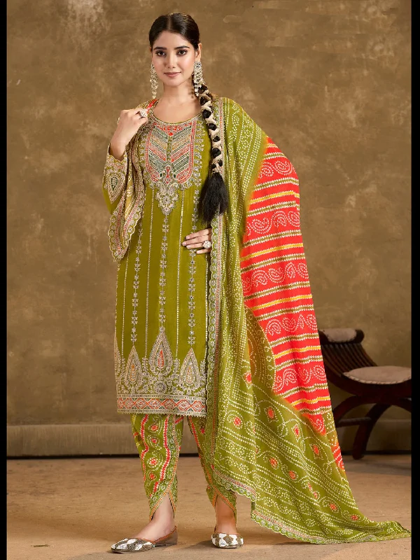 Mehendi Green Trendy Readymade Patiyala Dress With Embroidery Work