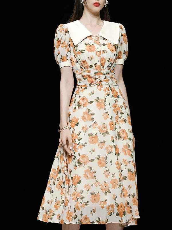 Orange Rose Chelsea Collar Puff Sleeve 1940S Dress