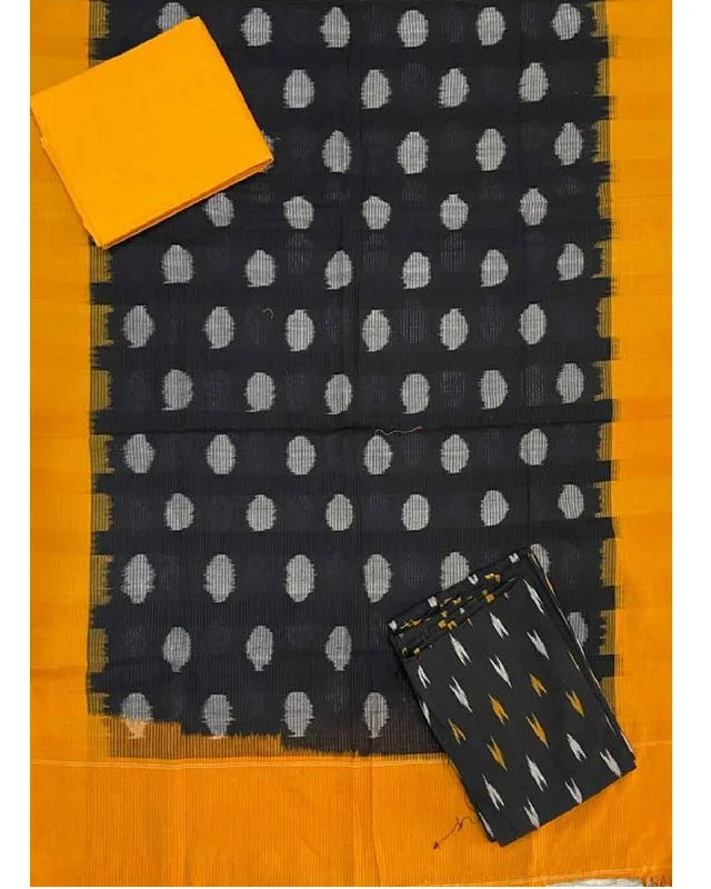 POCHAMPALLY DOUBLE IKAT COTTON BLACK WITH YELLOW COLOR DRESS MATERAL-A04