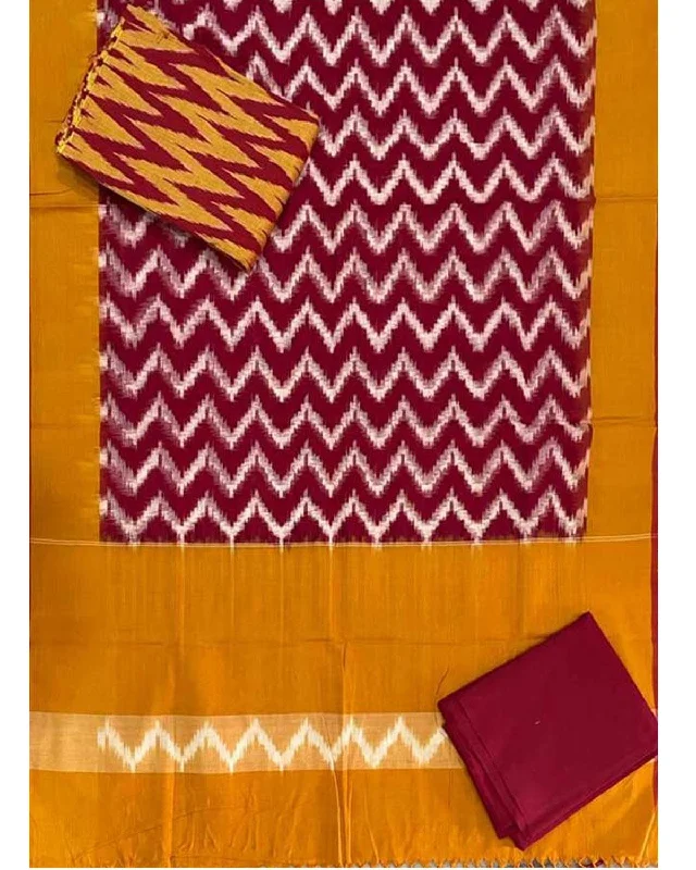 POCHAMPALLY DOUBLE IKAT COTTON RED WITH YELLOW COLOR DRESS MATERIAL-A09