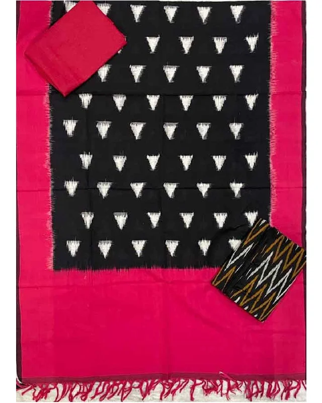 POCHAMPALLY IKKAT COTTON BLACK WITH RED COLOR DRESS MATERIAL-C1