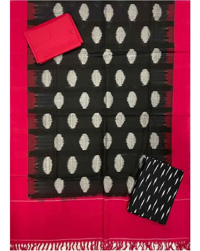 POCHAMPALLY IKKAT COTTON BLACK WITH RED COLOR DRESS MATERIAL - C22