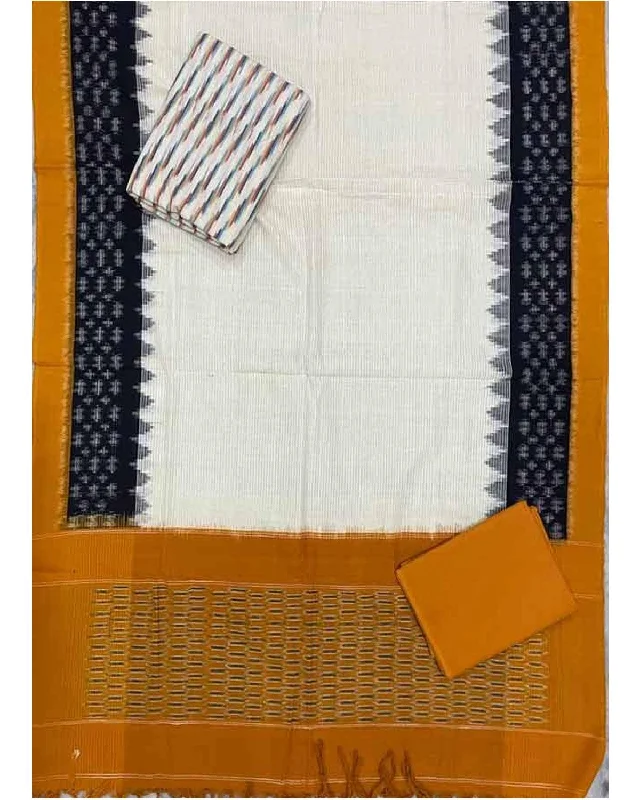 POCHAMPALLY IKKAT COTTON WHITE AND YELLOW COLOR DRESS MATERIAL - C11