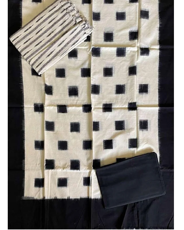 POCHAMPALLY IKKAT COTTON WHITE WITH BLACK COLOR DRESS MATERIAL-B48