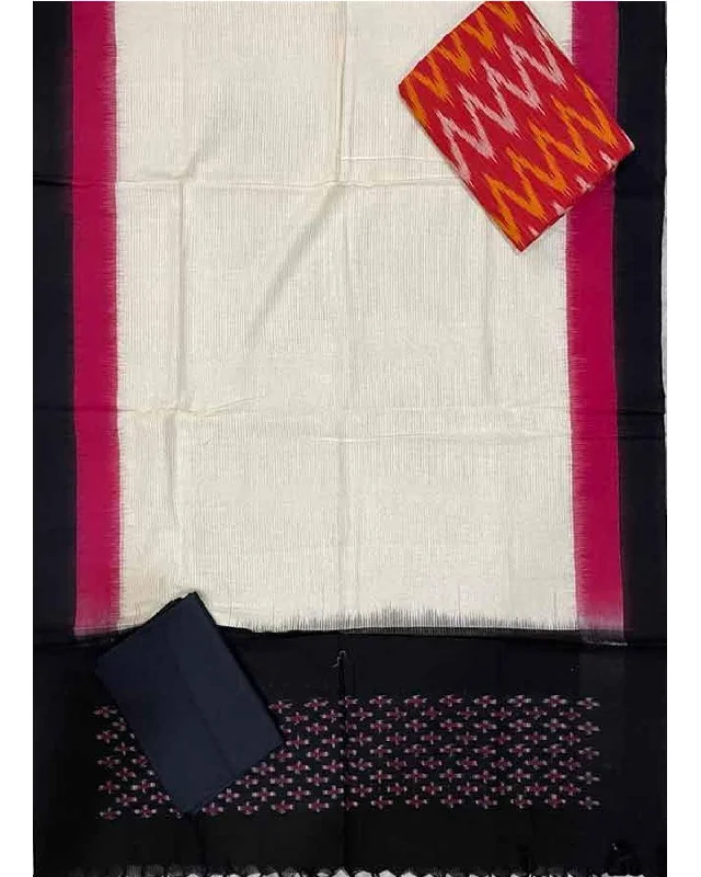 POCHAMPALLY IKKAT COTTON WHITE WITH BLACK COLOR DRESS MATERIAL - C15