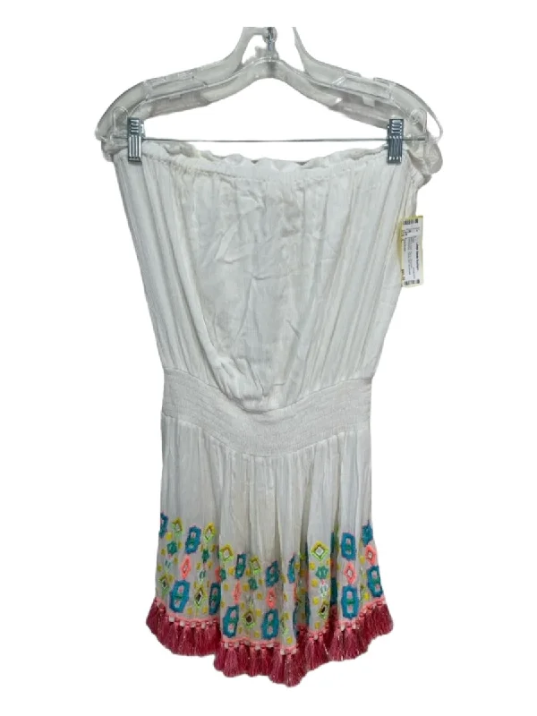 Ramy Brook Size L White & Multi Rayon Strapless Embroidered Tassle Hem Dress