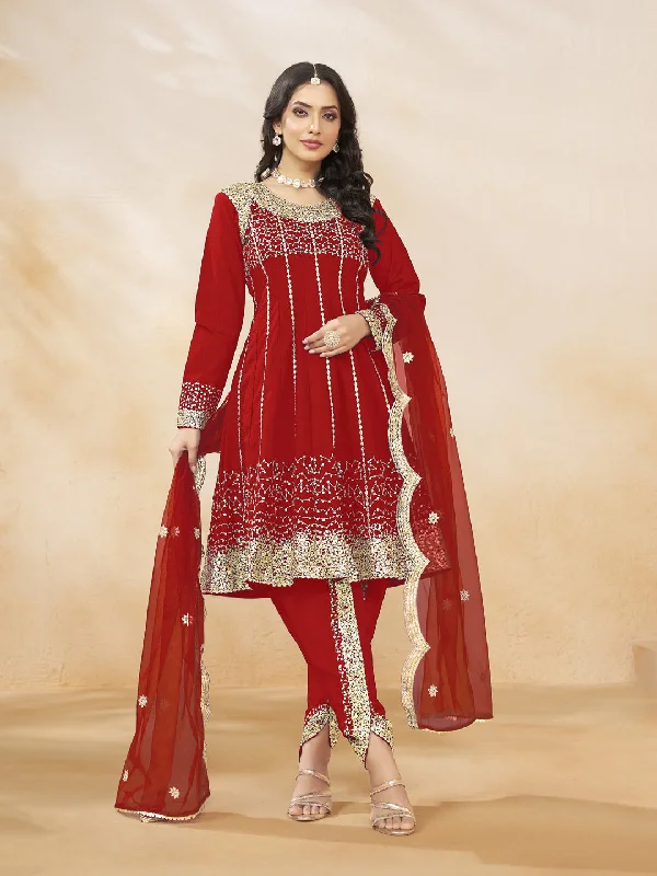 Red Designer Looking Semi-Stitched Patiyala Dress With Heavy Sequence Embroidery Work