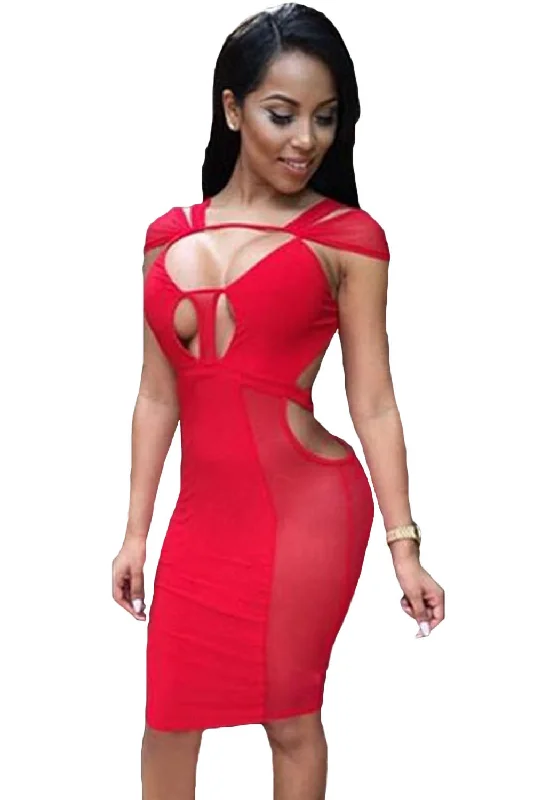 Red Mesh Sexy Cut-out Club Dress