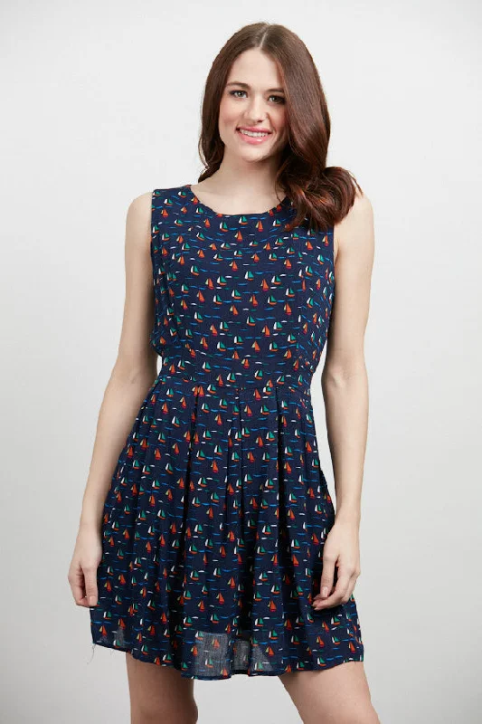 Sailboat All Over Print Navy Blue Dress