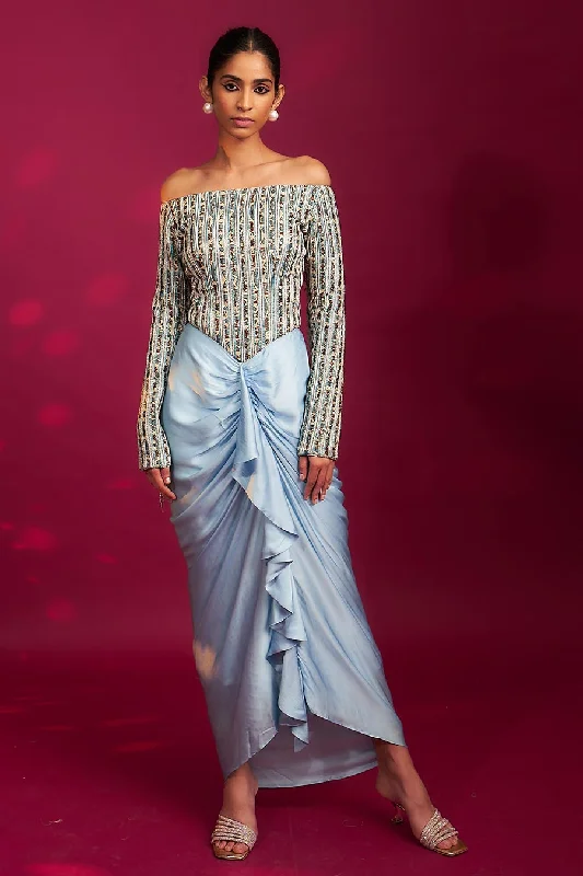 Powder Blue Ajrakh Striped Draped Dress